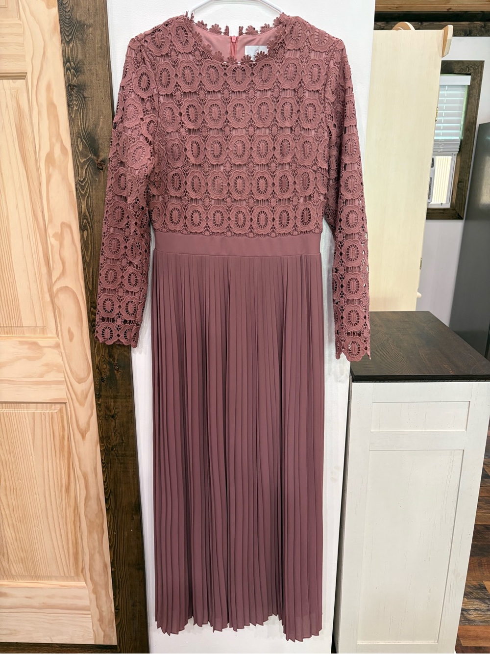 Dainty Jewells Dusty Rose Crochet Lace & Pleated Maxi Dress